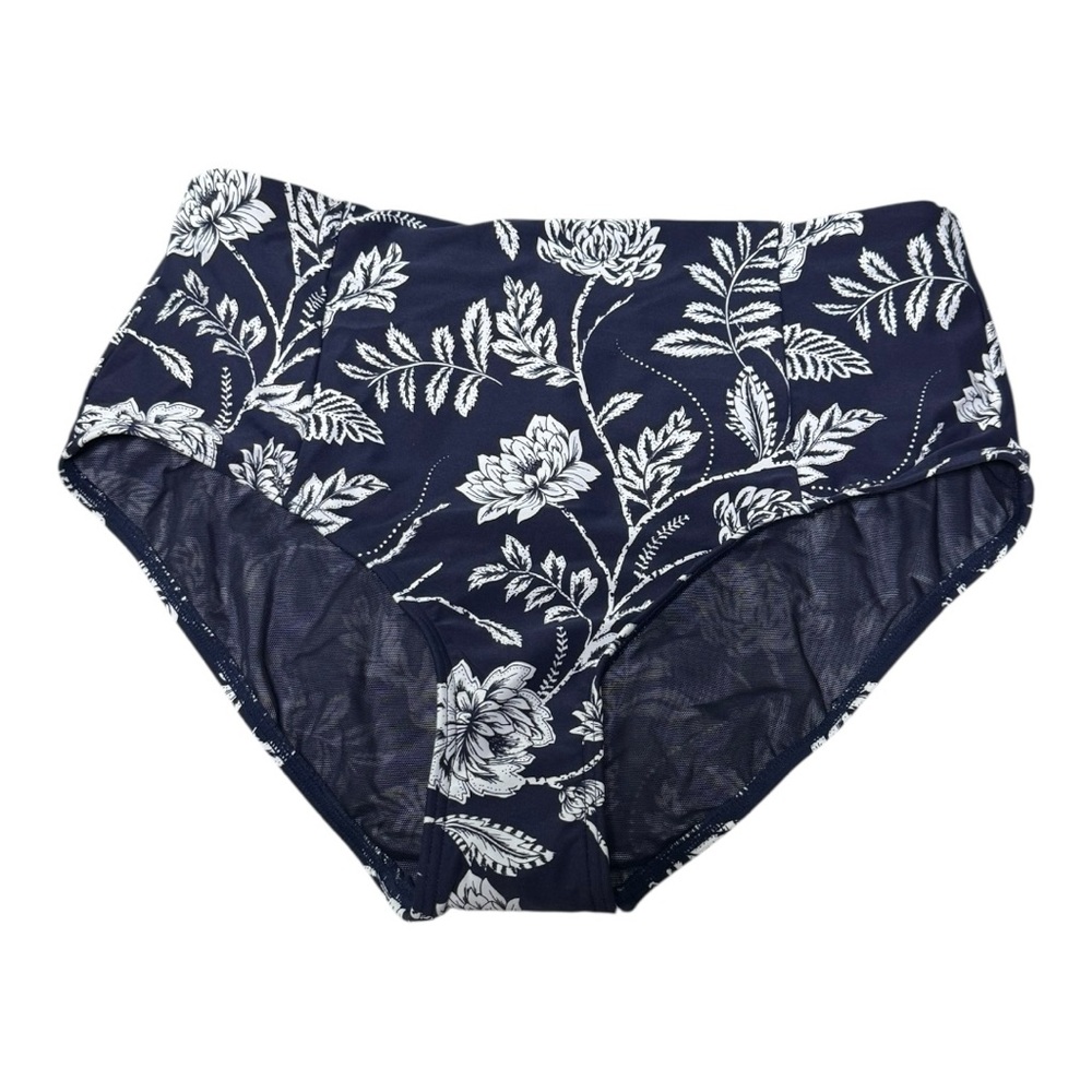 High-Waist Floral Bikini Bottoms - Navy/White